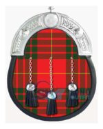 MacGregor tartan full dress leather sporran with red-black base and chrome Celtic cantle on chain belt