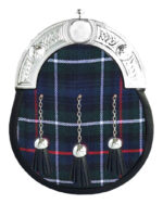 Mackenzie tartan full dress leather sporran with blue-green base and chrome Celtic cantle on chain belt