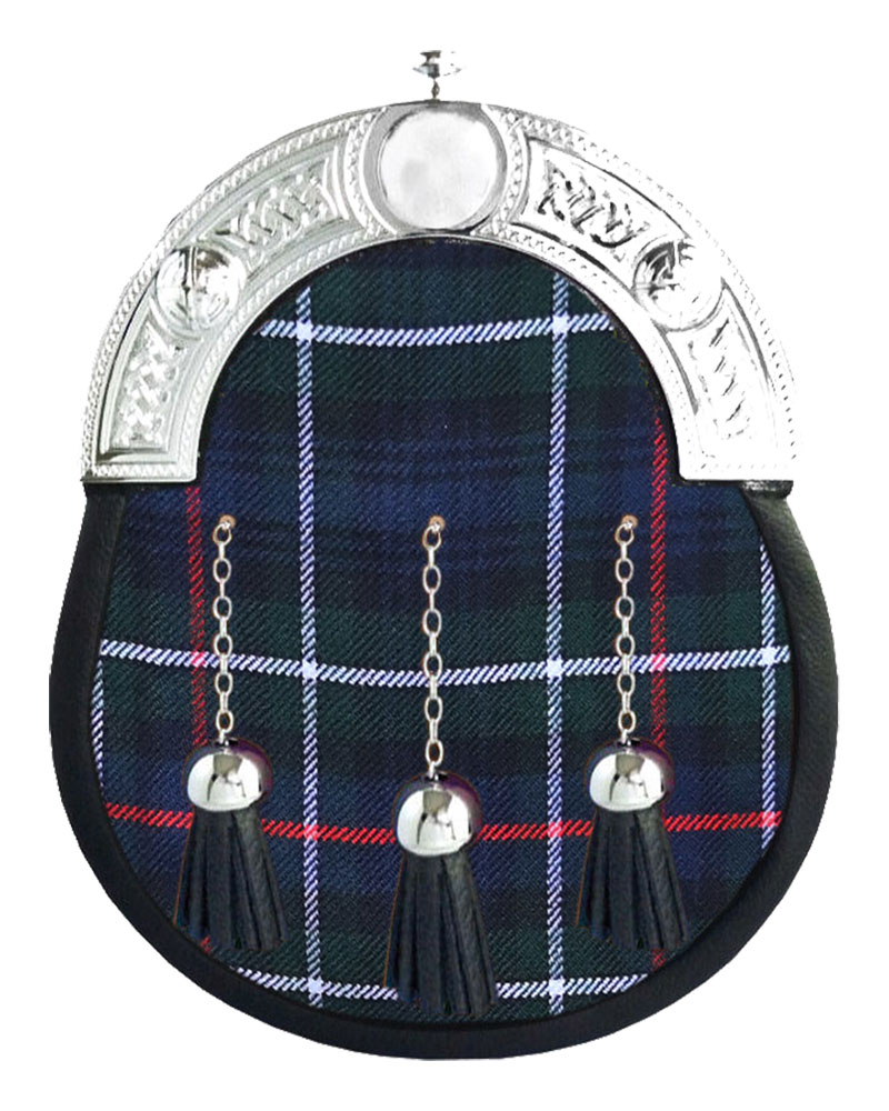 Mackenzie-Tartan-Sporran-with-Silver-Cantle.jpg Mackenzie tartan full dress leather sporran with blue-green base and chrome Celtic cantle on chain belt