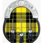 MacLeod of Lewis tartan full dress leather sporran with yellow base and chrome Celtic cantle on chain belt