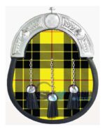 MacLeod of Lewis tartan full dress leather sporran with yellow base and chrome Celtic cantle on chain belt
