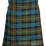 Muir Moore tartan 5-yard kilt front view—lightweight construction in blue, black, green with distinctive triple red stripe motif on green square