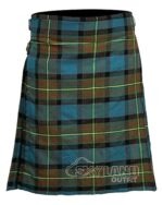 Muir Moore tartan 5-yard kilt front view—lightweight construction in blue, black, green with distinctive triple red stripe motif on green square