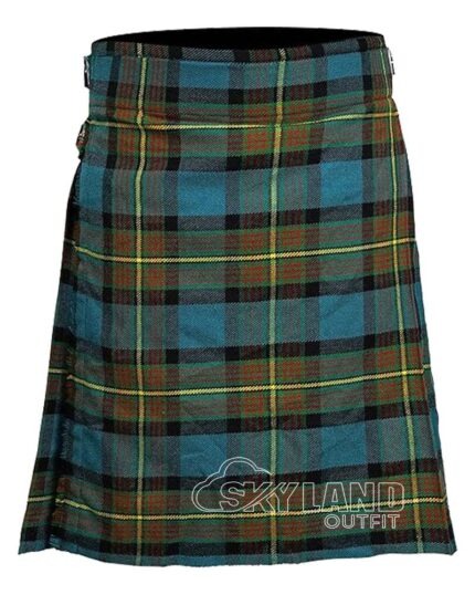 Muir Moore tartan 5-yard kilt front view—lightweight construction in blue, black, green with distinctive triple red stripe motif on green square