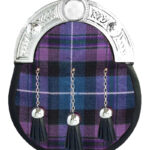 Pride of Scotland tartan full dress leather sporran with purple base and chrome Celtic cantle on chain belt