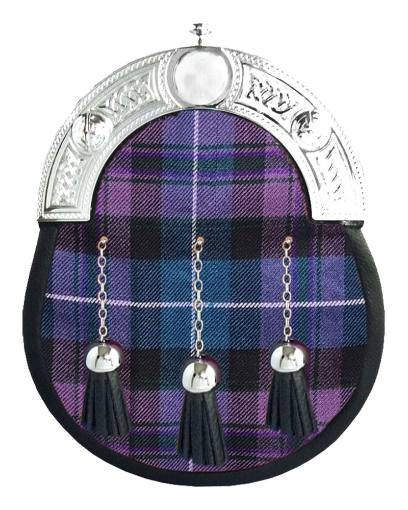 Pride-of-Scotland-Tartan-Sporran-with-Silver-Cantle.jpg Pride of Scotland tartan full dress leather sporran with purple base and chrome Celtic cantle on chain belt