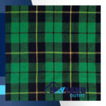 Wallace Hunting tartan homespun fabric for sale showing chief-endorsed green pattern with forest navy black yellow sett, authentic Scottish wool textile by the yard