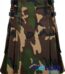 army camo utility kilt front view, army camo kilt side cargo pockets, adjustable leather strap utility kilt, cotton camo utility kilt for men, rugged army camo kilt,