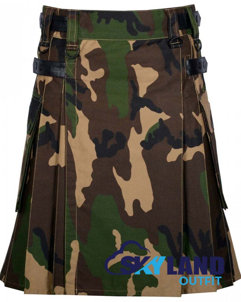 army-camo-leather-straps-ki.jpg army camo utility kilt front view, army camo kilt side cargo pockets, adjustable leather strap utility kilt, cotton camo utility kilt for men, rugged army camo kilt,