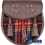 Black Stewart Tartan Sporran Brown Leather Scottish Sporran