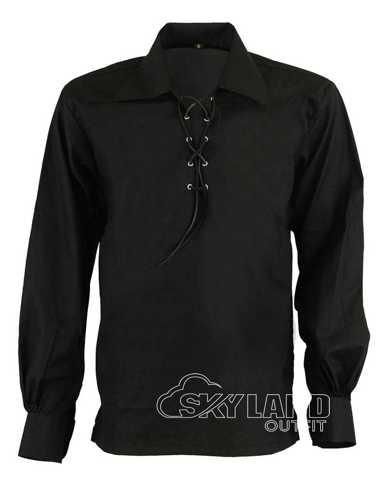 black-cotton-full-sleeve-kilt-shirt-front Black Jacobite ghillie kilt shirt full sleeve cotton Jacobean style