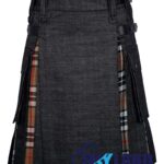 black denim hybrid utility kilt front view, Campbell Thompson tartan kilt back pleats, black denim and Campbell Thompson tartan hybrid kilt, adjustable strap black denim kilt, cotton and denim hybrid utility kilt for men,