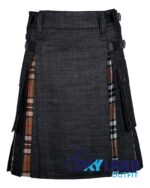black denim hybrid utility kilt front view, Campbell Thompson tartan kilt back pleats, black denim and Campbell Thompson tartan hybrid kilt, adjustable strap black denim kilt, cotton and denim hybrid utility kilt for men,