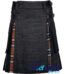 black denim hybrid utility kilt front view, Campbell Thompson tartan kilt back pleats, black denim and Campbell Thompson tartan hybrid kilt, adjustable strap black denim kilt, cotton and denim hybrid utility kilt for men,
