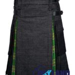black denim hybrid utility kilt front view, Campbell Thompson tartan kilt back pleats, black denim and Irish tartan hybrid kilt, adjustable strap black denim kilt, cotton and denim hybrid utility kilt for men,