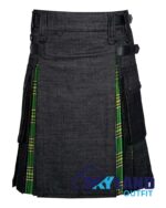 black denim hybrid utility kilt front view, Campbell Thompson tartan kilt back pleats, black denim and Irish tartan hybrid kilt, adjustable strap black denim kilt, cotton and denim hybrid utility kilt for men,