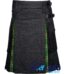 black denim hybrid utility kilt front view, Campbell Thompson tartan kilt back pleats, black denim and Irish tartan hybrid kilt, adjustable strap black denim kilt, cotton and denim hybrid utility kilt for men,