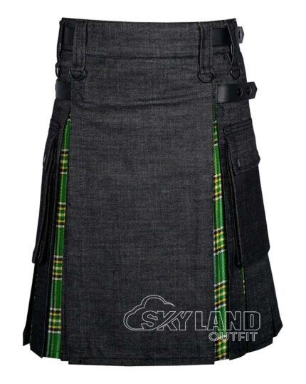 black denim hybrid utility kilt front view, Campbell Thompson tartan kilt back pleats, black denim and Irish tartan hybrid kilt, adjustable strap black denim kilt, cotton and denim hybrid utility kilt for men,