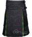 black denim hybrid utility kilt front view, Campbell Thompson tartan kilt back pleats, black denim and Irish tartan hybrid kilt, adjustable strap black denim kilt, cotton and denim hybrid utility kilt for men,