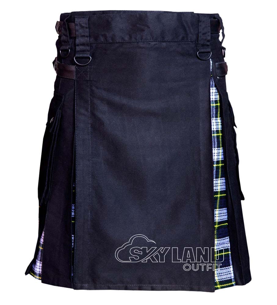 black-hybrid-kilt-front Dress Gordon tartan hybrid utility kilt with black cotton body