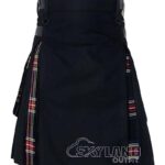 Black hybrid utility kilt with Black Stewart tartan pleats and pockets