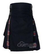 Black hybrid utility kilt with Black Stewart tartan pleats and pockets