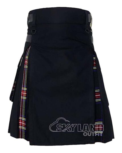 Black hybrid utility kilt with Black Stewart tartan pleats and pockets