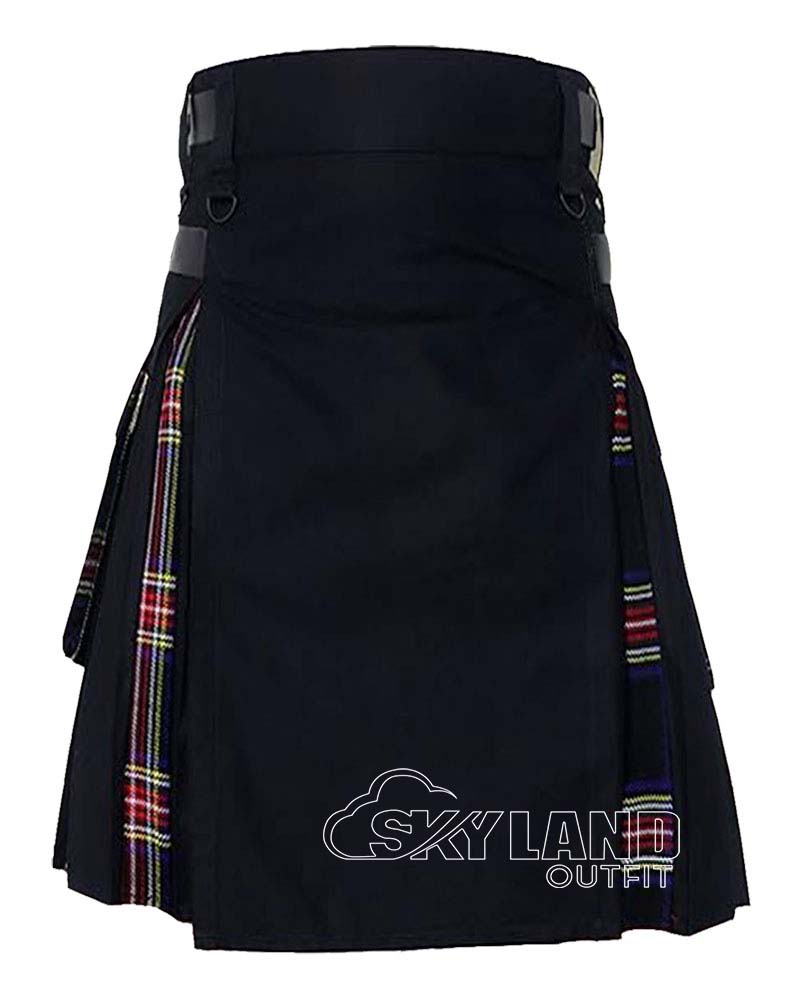 Black hybrid utility kilt with Black Stewart tartan pleats and pockets