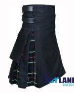 Black cotton and Mackenzie tartan hybrid utility kilt with side cargo pockets and leather straps for modern Scottish Highland wear