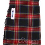 Black Stewart tartan 5-yard kilt front view—lightweight construction in royal black base with red and yellow overchecks, fewer pleats for casual wear