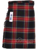 Black Stewart tartan 5-yard kilt front view—lightweight construction in royal black base with red and yellow overchecks, fewer pleats for casual wear