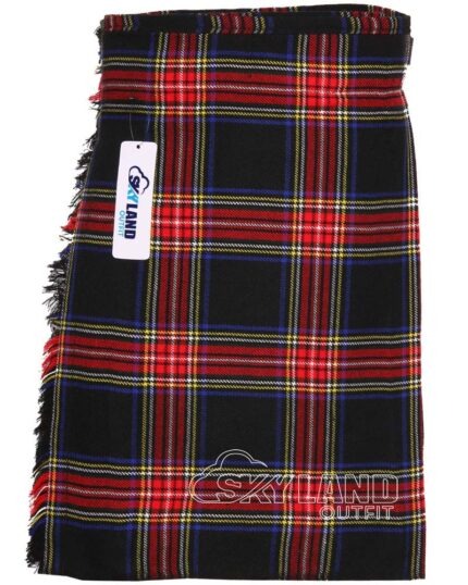 Black Stewart tartan 5-yard kilt front view—lightweight construction in royal black base with red and yellow overchecks, fewer pleats for casual wear