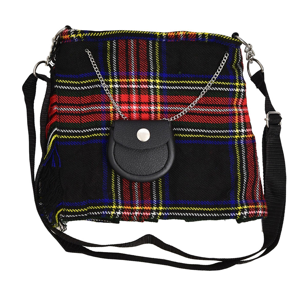 black-stewart-kilt-purse-1.jpg Black Stewart Tartan Ladies Kilt Shaped Purse, Tote Bag - Image 1
