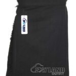 Solid Black tartan 5-yard kilt front view—lightweight construction in uniform black pattern for maximum versatility