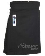Solid Black tartan 5-yard kilt front view—lightweight construction in uniform black pattern for maximum versatility