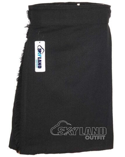 Solid Black tartan 5-yard kilt front view—lightweight construction in uniform black pattern for maximum versatility