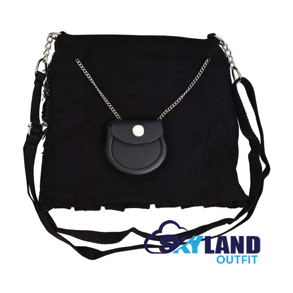 black-tartan-purse.jpg Solid Black Tartan Ladies Kilt Shaped Purse, Tote Bag - Image 1