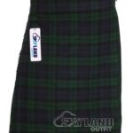 Black Watch tartan 5-yard kilt front view—lightweight construction in deep navy and forest green 42nd Royal Highland Regiment pattern
