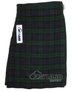 Black Watch tartan 5-yard kilt front view—lightweight construction in deep navy and forest green 42nd Royal Highland Regiment pattern