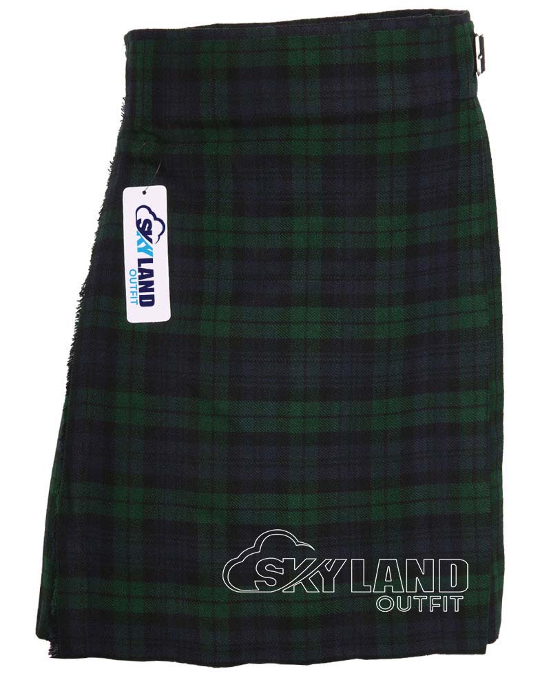 black-watch-10 Black Watch tartan 5-yard kilt front view—lightweight construction in deep navy and forest green 42nd Royal Highland Regiment pattern