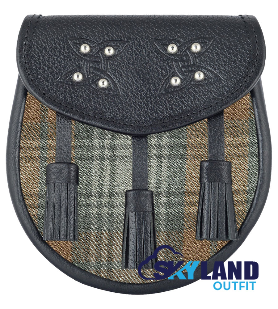 black-watch-weathered-tartan-black-leather-sporran.jpg Weathered Black Watch Sporran Black Leather Scottish Sporran - Image 1