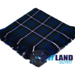 Douglas Blue tartan kilt fly plaid with free Celtic brooch, noble blue and grey clan pattern representing ancient Douglas clan Scottish heritage