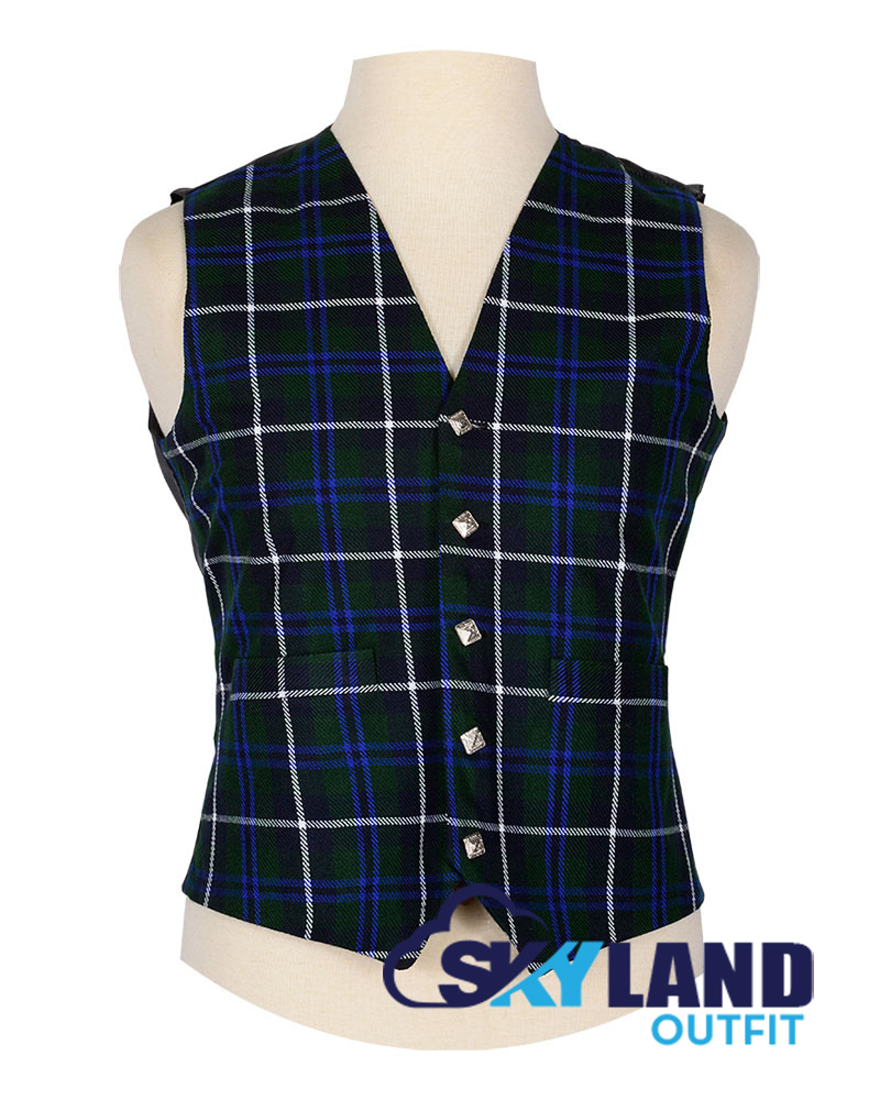 blue-douglas-traditional-tartan-vest-front.jpg Douglas Blue tartan waistcoat front view—5-button Argyle vest in blue, green and black Clan Douglas "Never Behind" heritage pattern