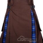 Man in Ramsey Blue tartan brown cotton hybrid utility kilt