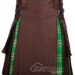 Man in Irish Heritage tartan brown cotton hybrid utility kilt