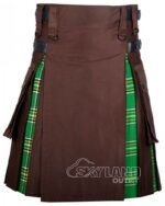 Man in Irish Heritage tartan brown cotton hybrid utility kilt
