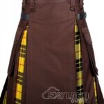 Man in MacLeod of Lewis tartan brown cotton hybrid utility kilt