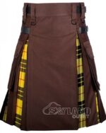 Man in MacLeod of Lewis tartan brown cotton hybrid utility kilt