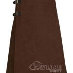 Brown wool 8-yard kilt front view—hand-pleated traditional construction in rich earth tone brown pure wool