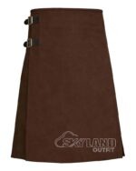 Brown wool 8-yard kilt front view—hand-pleated traditional construction in rich earth tone brown pure wool